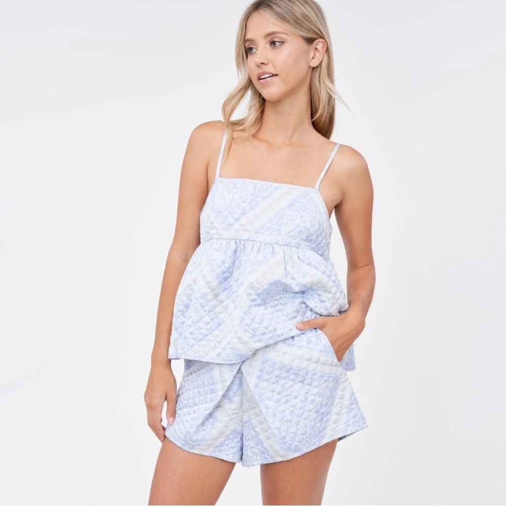 NEW En Saison Quilted Scarf Print Shorts Blue White Small